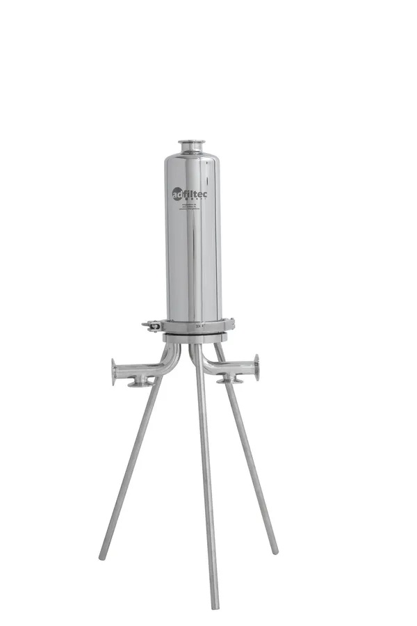 KFS Sanitary-Filtergehäuse aus Edelstahl mit Tri-Clamp-Anschlüssen auf Dreibein