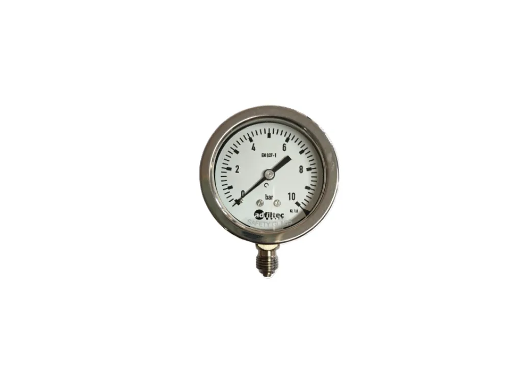 Edelstahl-Manometer 0–10 bar mit adfiltec-Skala